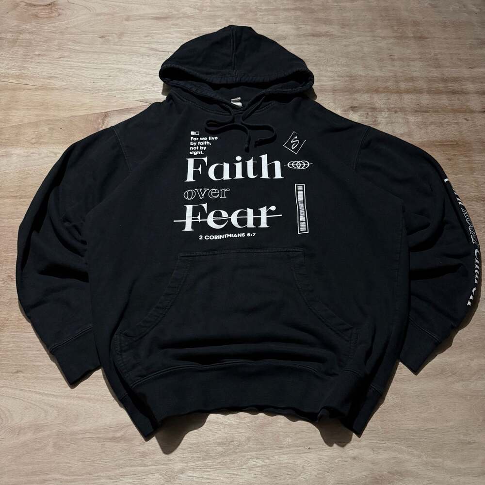Y2K Spirit Road Church Faith Over Fear Christian Graphic Hoodie Black Large